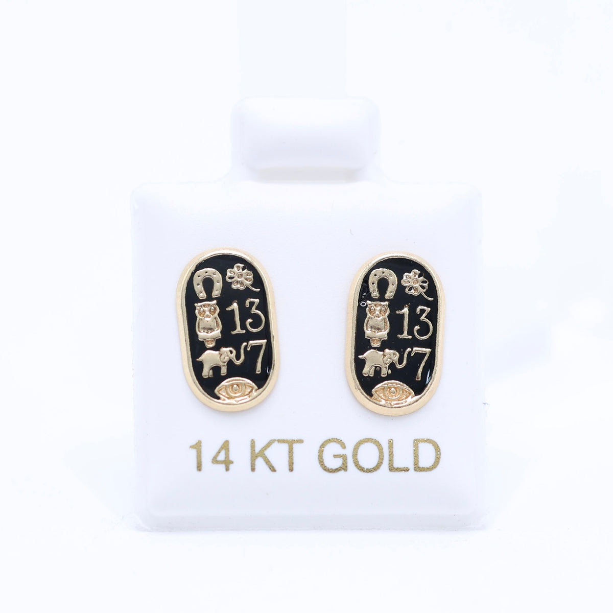 14KT GOLD OVAL LUCKY SYMBOL SCREW ON EARRINS - BLACK LUCK SYMBOLS