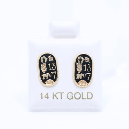 14KT GOLD OVAL LUCKY SYMBOL SCREW ON EARRINS - BLACK LUCK SYMBOLS