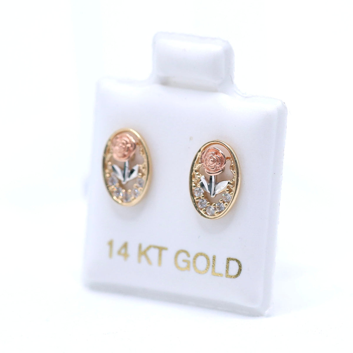 14KT GOLD 3 TONE OVAL ROSE EARRING WITH CZ STONES