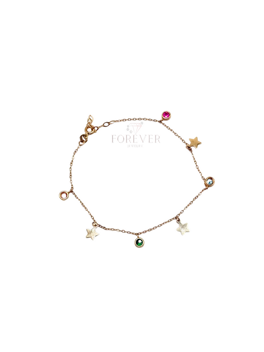 14KT GOLD FINE BRACELET W/ COLORED STONES AND STARS