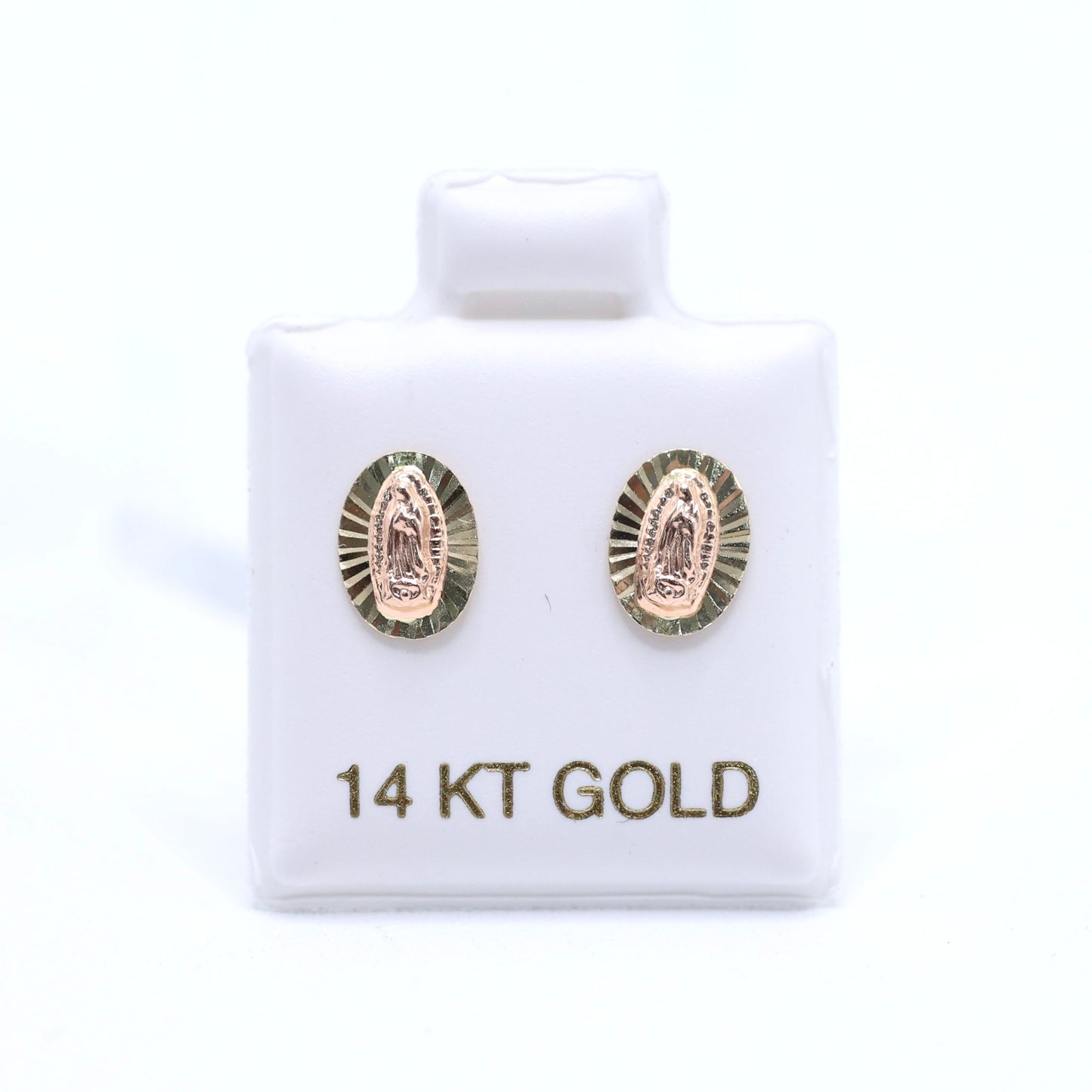 14KT GOLD 2 TONE VIRGEN DE GUADALUPE OVAL STUD BALL EARRINGS
