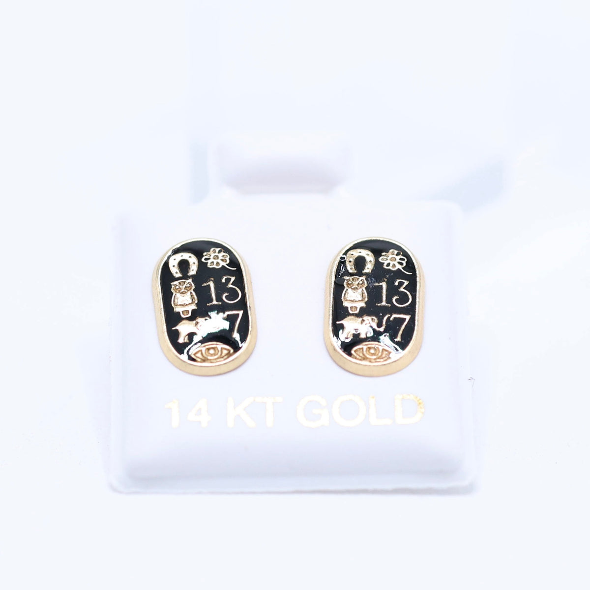 14KT GOLD OVAL LUCKY SYMBOL SCREW ON EARRINS - BLACK LUCK SYMBOLS