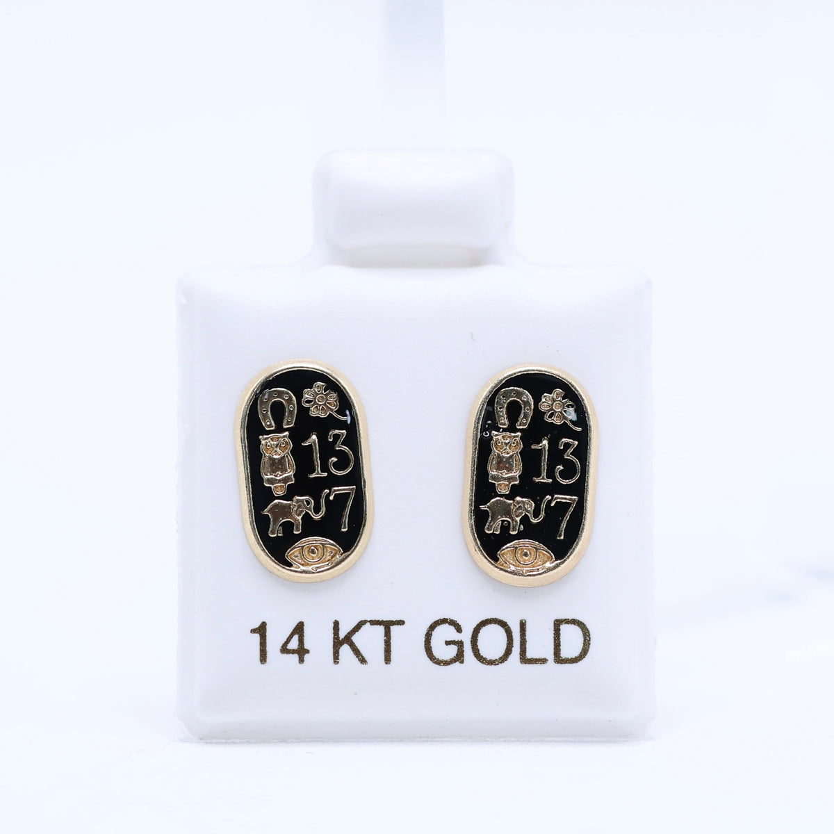 14KT GOLD OVAL LUCKY SYMBOL SCREW ON EARRINS - BLACK LUCK SYMBOLS
