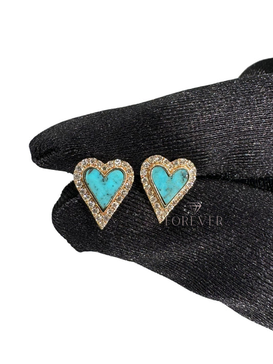 14K DIAMOND & TURQUOISE HEART EARRINGS