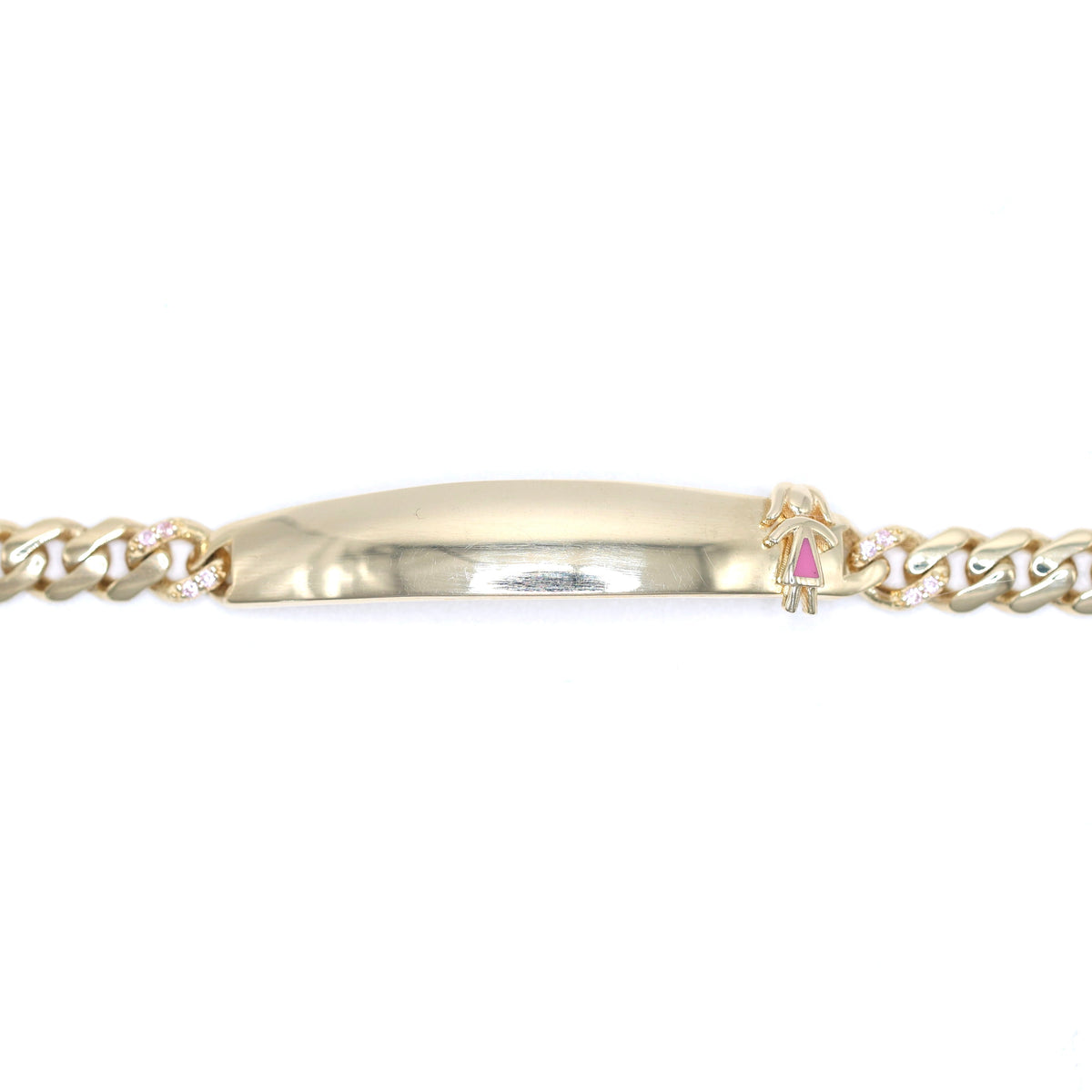14KT GOLD MONACO CHAIN BABY ID PLAQUE BRACELET - 5MM SIZE 6 PINK PAVE LOCK CERTIFIED