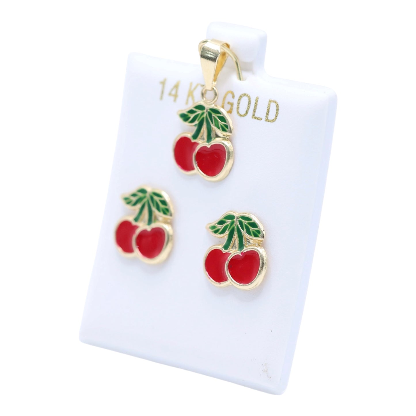 14KT GOLD RED CHERRY DUO 2 PIECE JEWELRY SET - PENDANT AND SCREW ON EARRINGS