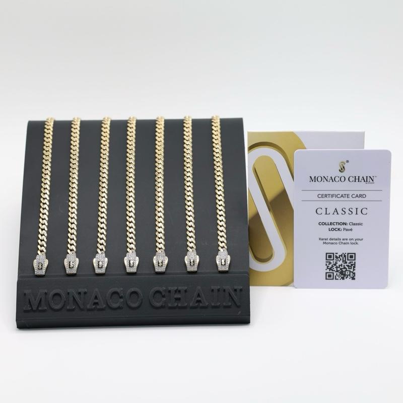14KT GOLD 5MM MONACO CHAIN CLASSIC BRACELET CERTIFIED - PAVE LOCK