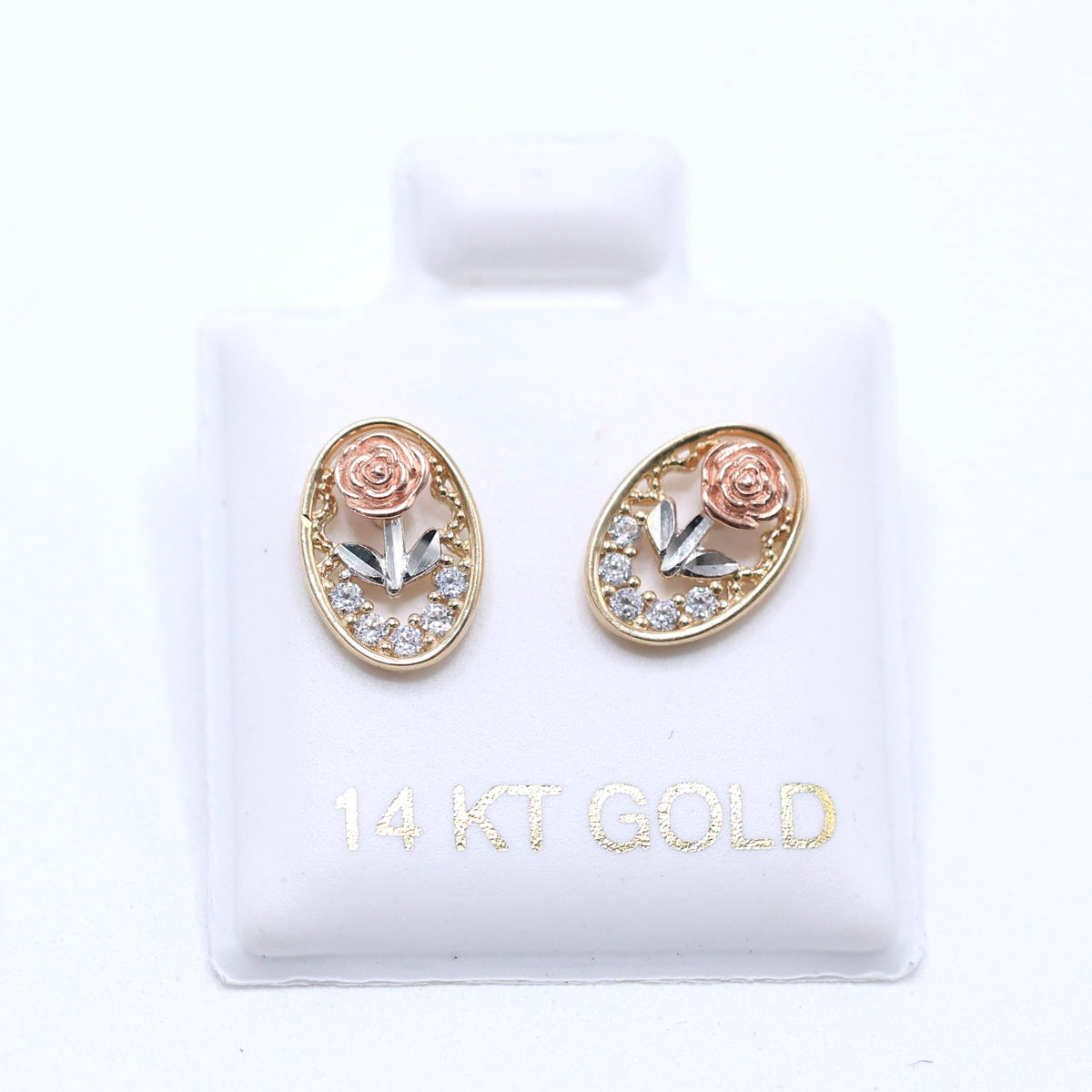 14KT GOLD 3 TONE OVAL ROSE EARRING WITH CZ STONES