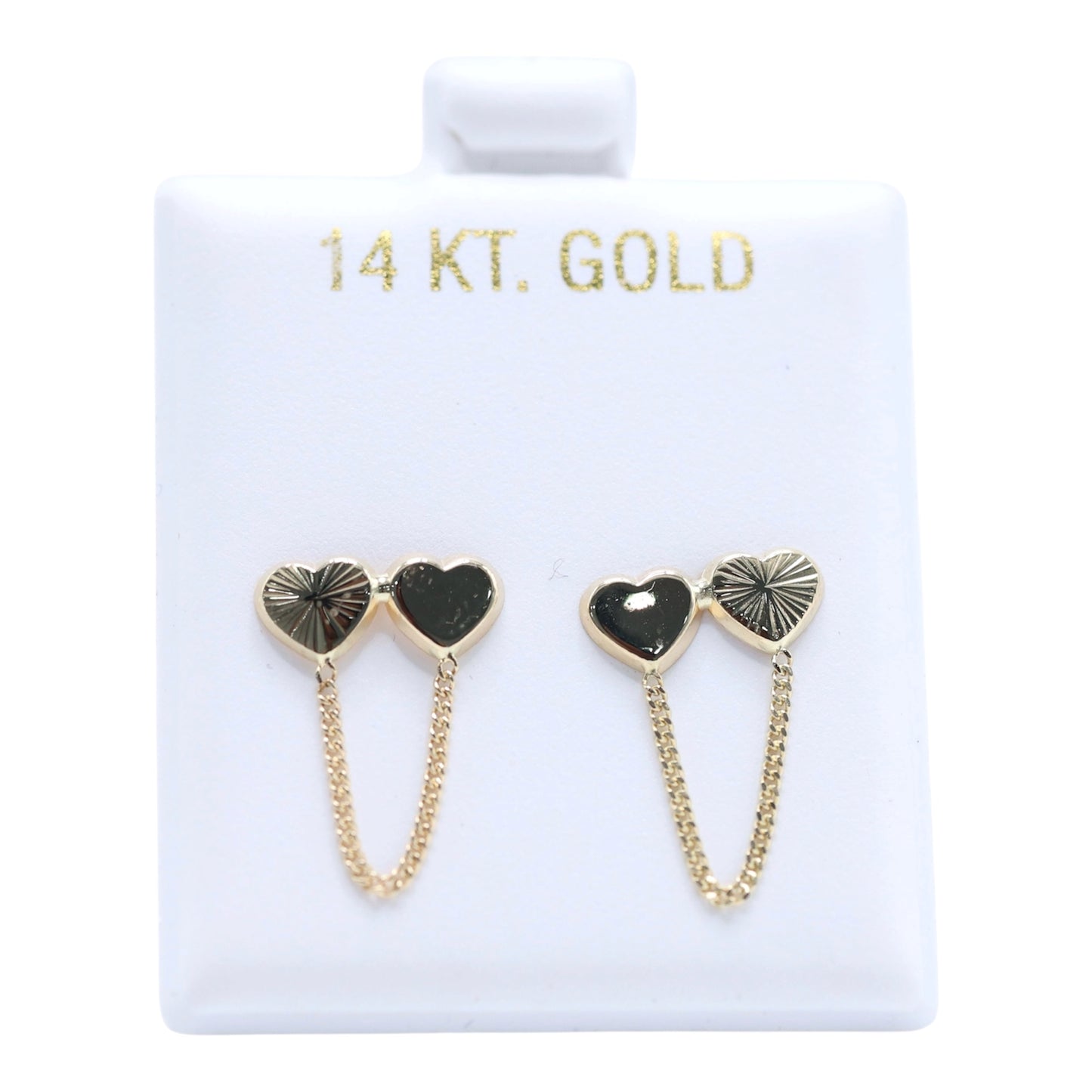 14KT GOLD DOUBLE HEART CHAIN EARRINGS - SLEEK & SIMPLE HEART DUO, SCREW ON BALL BACK