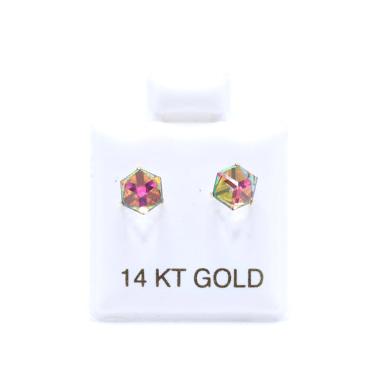 14KT GOLD 3D SQUARE IRIDESCENT SCREW ON BALL EARRING