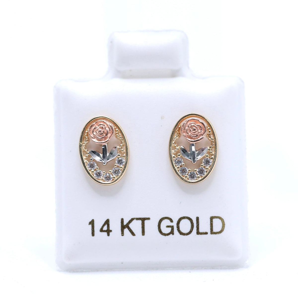 14KT GOLD 3 TONE OVAL ROSE EARRING WITH CZ STONES