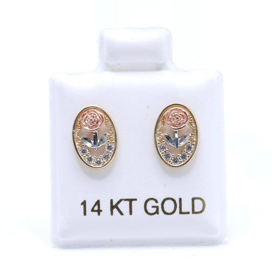 14KT GOLD 3 TONE OVAL ROSE EARRING WITH CZ STONES