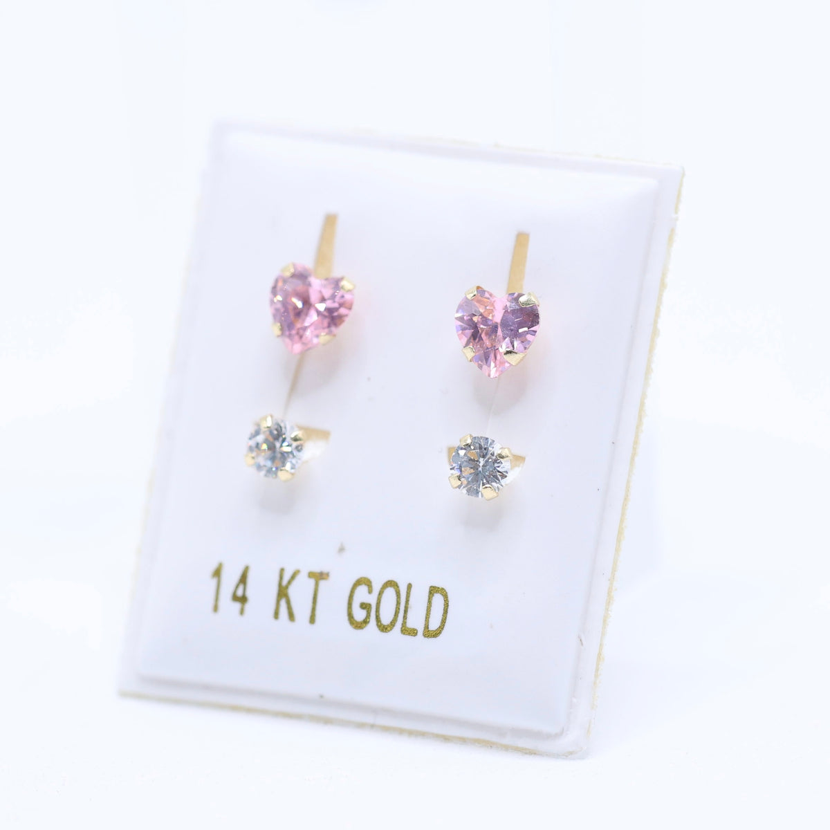 14KT GOLD PINK HEART & ROUND WHITE TELEPHONE EARRINGS
