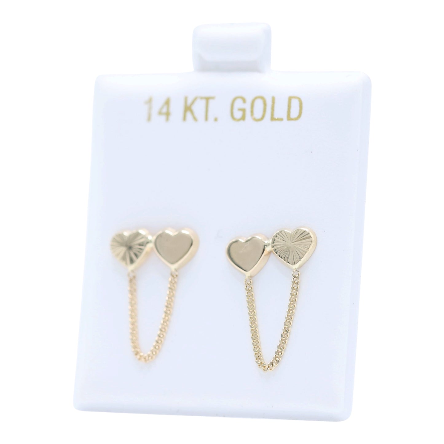 14KT GOLD DOUBLE HEART CHAIN EARRINGS - SLEEK & SIMPLE HEART DUO, SCREW ON BALL BACK