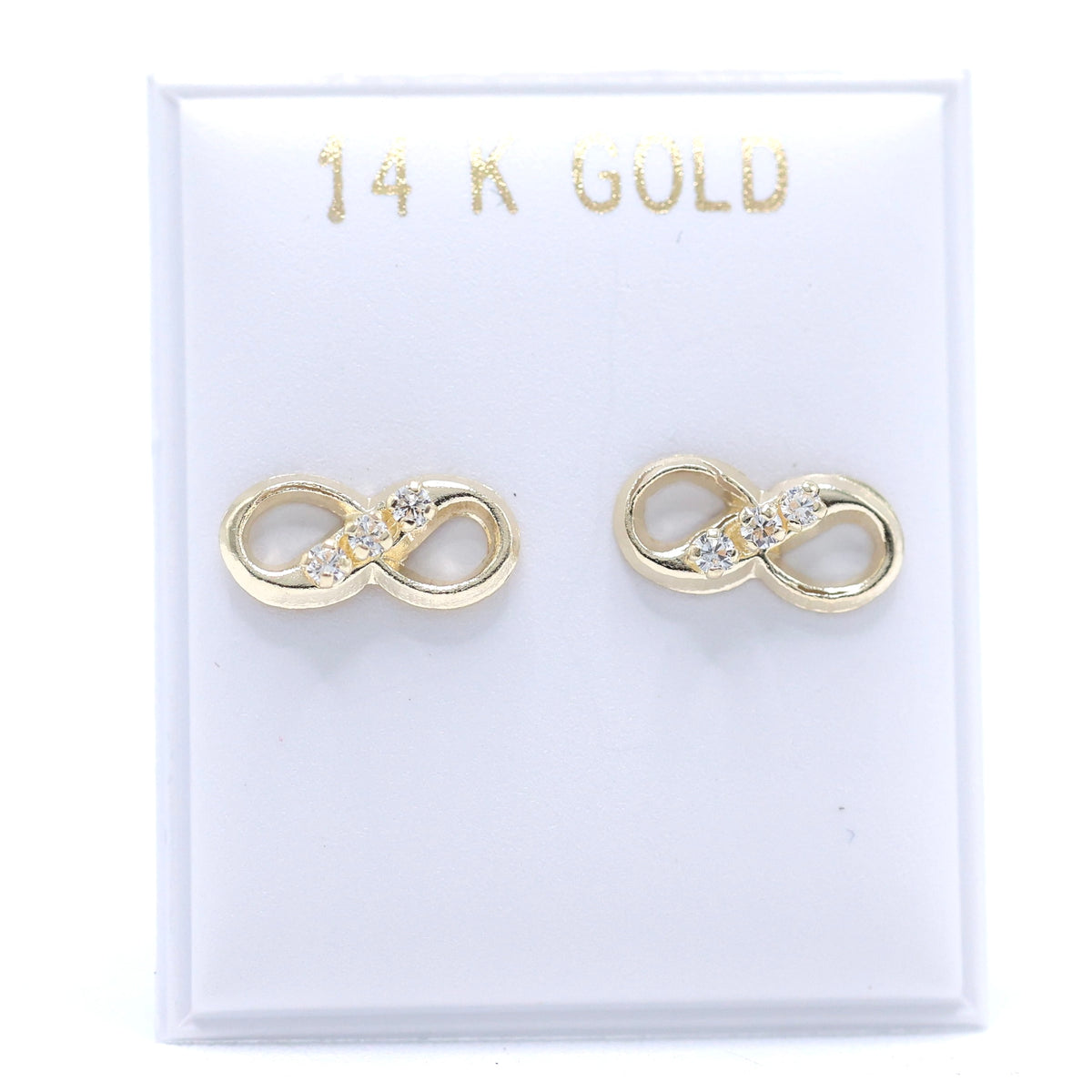 14KT GOLD INFINITY 3 STONE CZ STUD EARRINGS