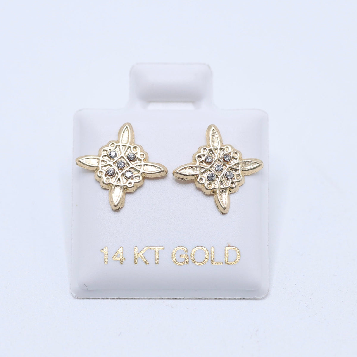 14KT GOLD CROSS STYLE EARRING WITH CZ STONES SCREW ON BALL