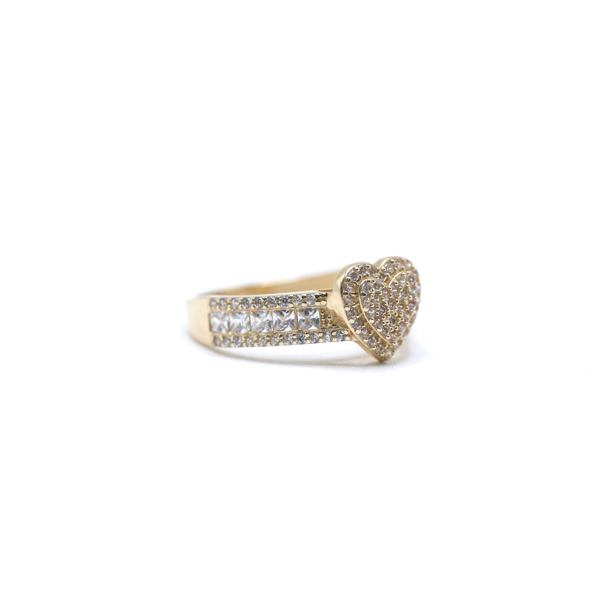 14KT GOLD DOUBLE HEART PAVE CZ RING - AVAILABLE IN 6-9