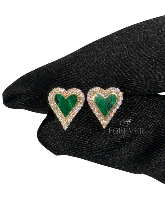 14K DIAMOND & MALACHITE HEART EARRINGS