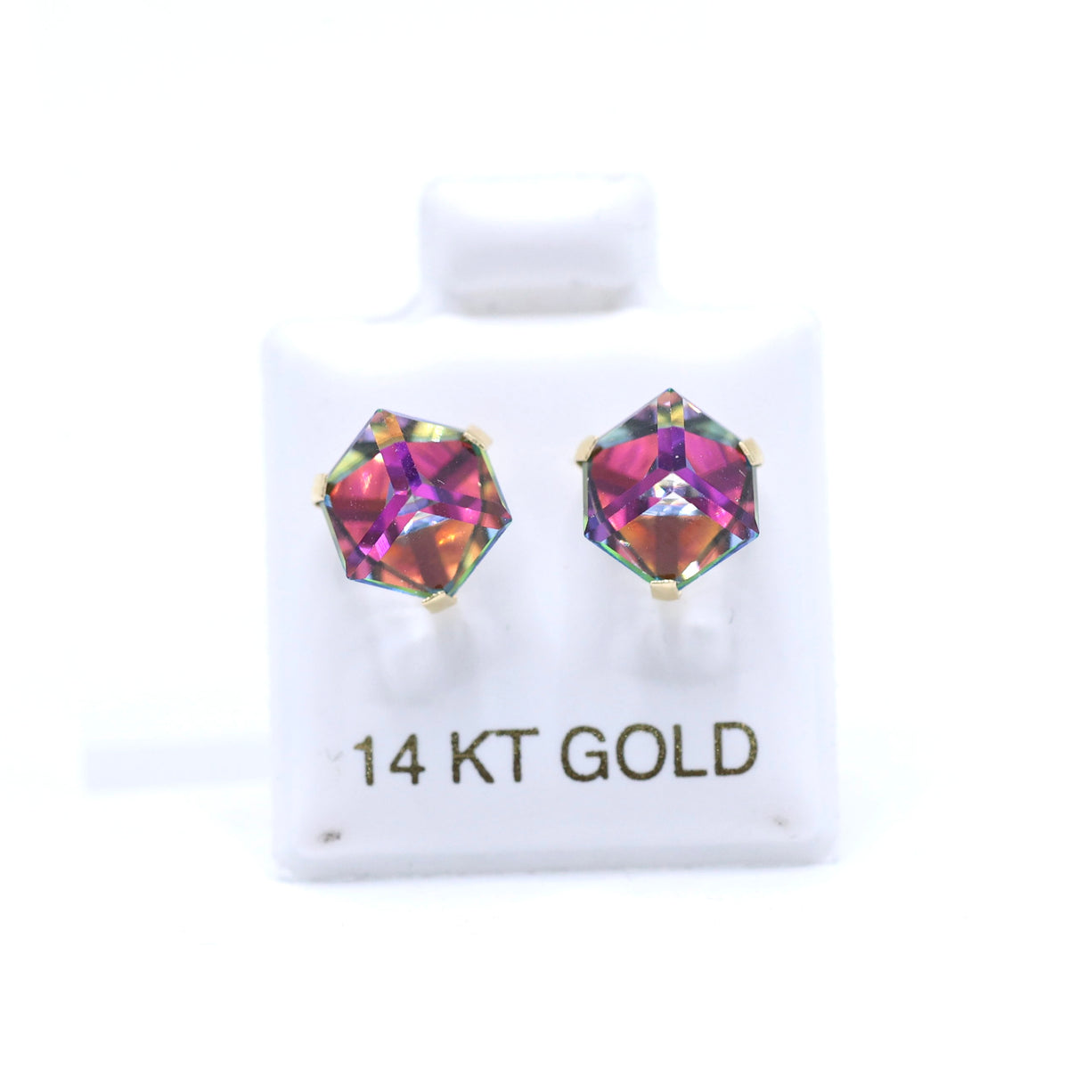 14KT GOLD 3D SQUARE IRIDESCENT SCREW ON BALL EARRING