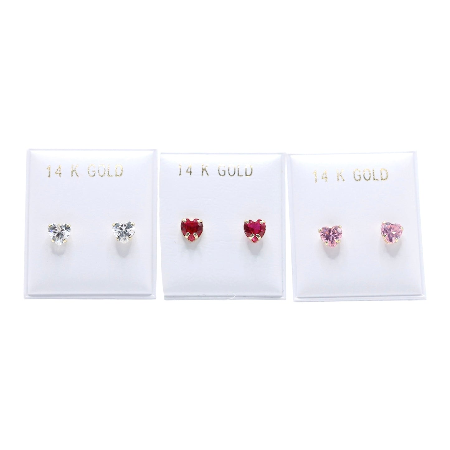 14KT GOLD CUBIC ZIRCONIA HEART STUD EARRINGS WHITE, PINK OR FUSHIA
