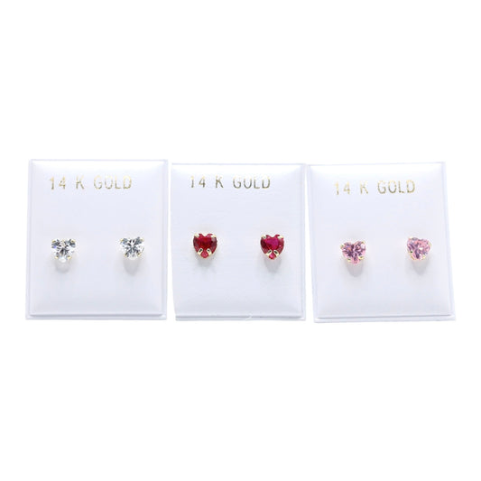 14KT GOLD CUBIC ZIRCONIA HEART STUD EARRINGS WHITE, PINK OR FUSHIA