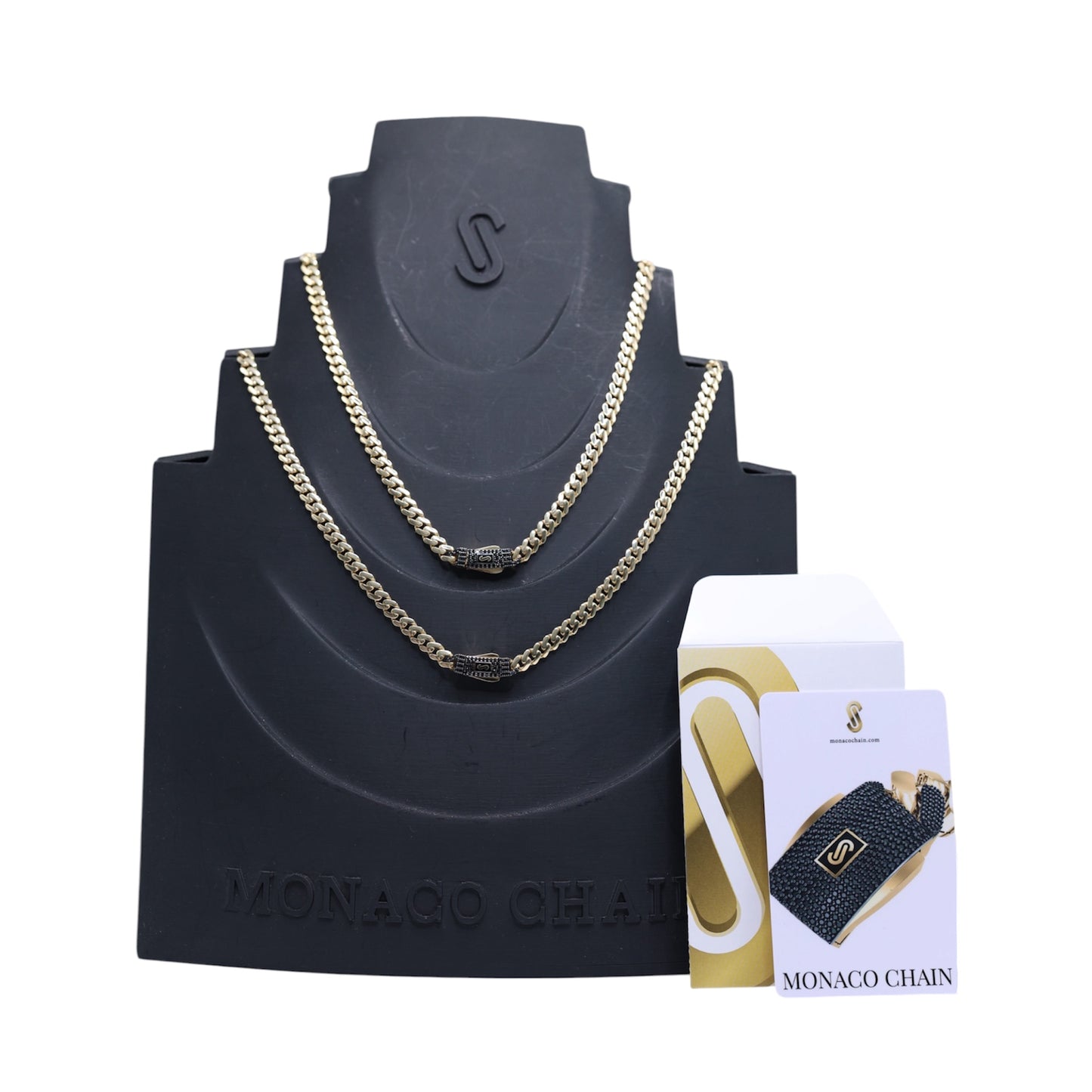 14KT GOLD MONACO CHAIN BLACK EDITION 5MM NECKLACE - CERTIFIED PAVE STONE