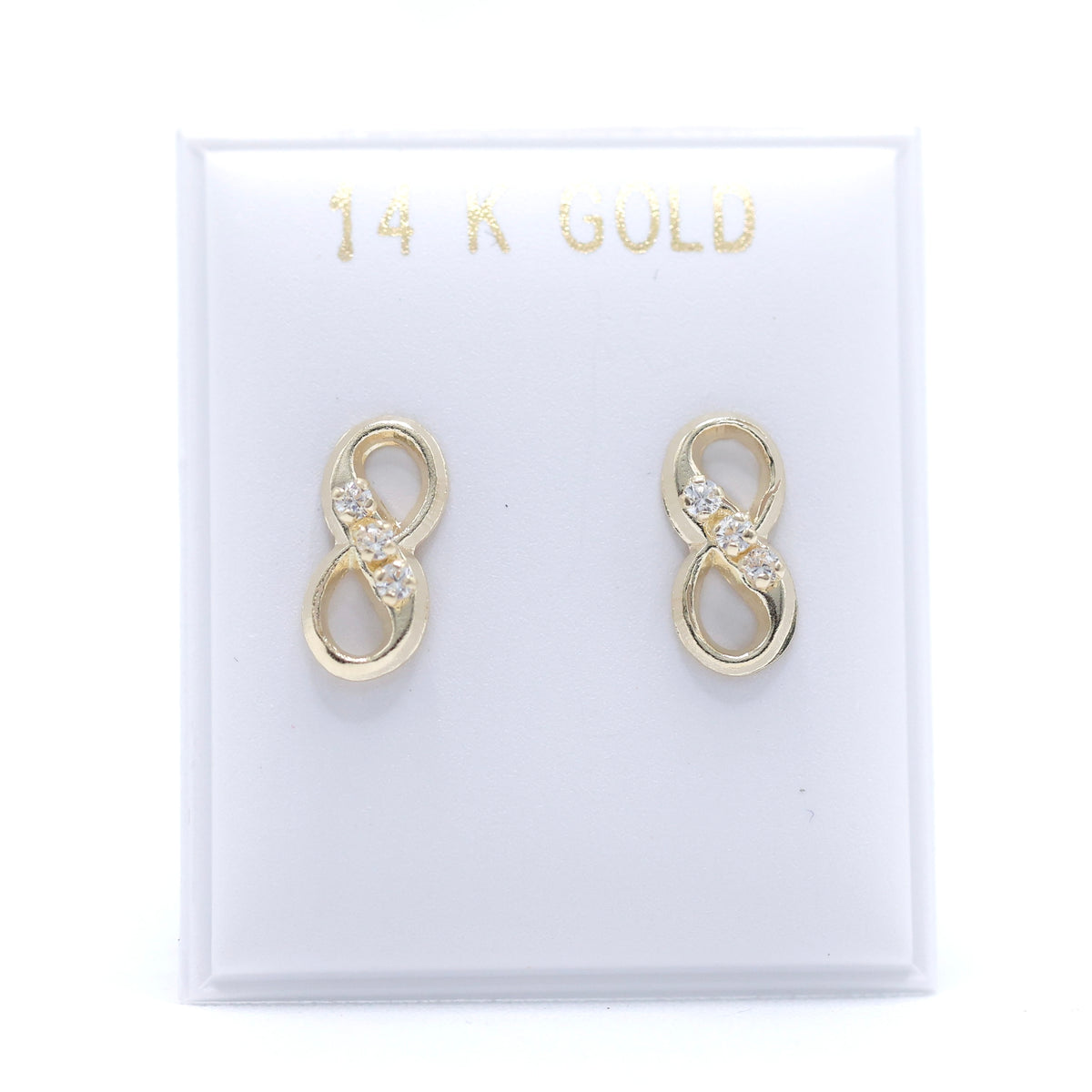 14KT GOLD INFINITY 3 STONE CZ STUD EARRINGS
