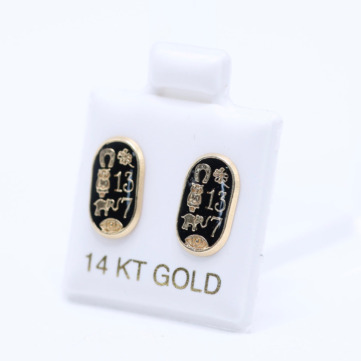 14KT GOLD OVAL LUCKY SYMBOL SCREW ON EARRINS - BLACK LUCK SYMBOLS