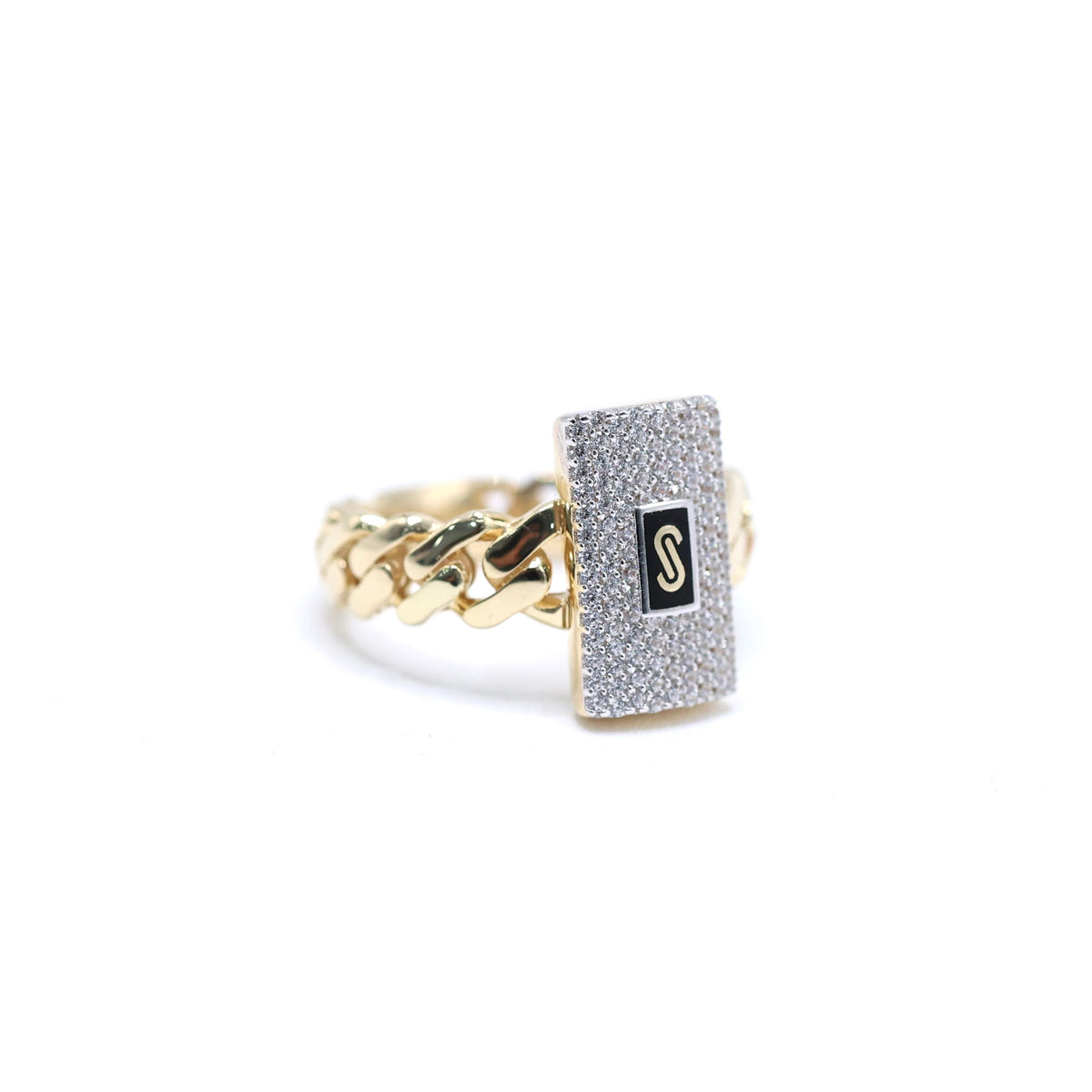 14KT GOLD MONACO CHAIN CLASSIC RING CERTIFIED - PAVE STYLE