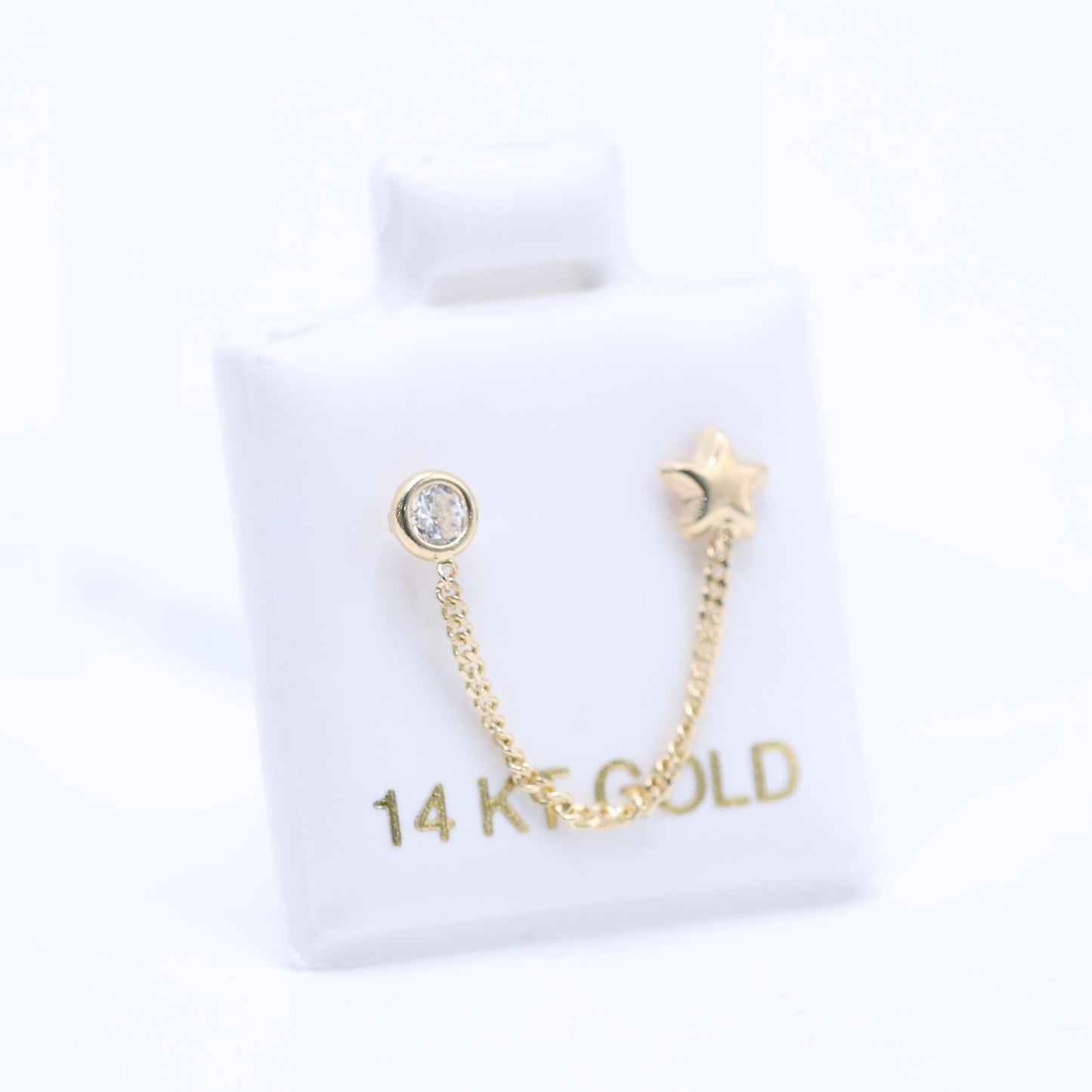 14KT GOLD SINGLE STAR CHAIN EARRING - FOR DOUBLE EAR PIERCING