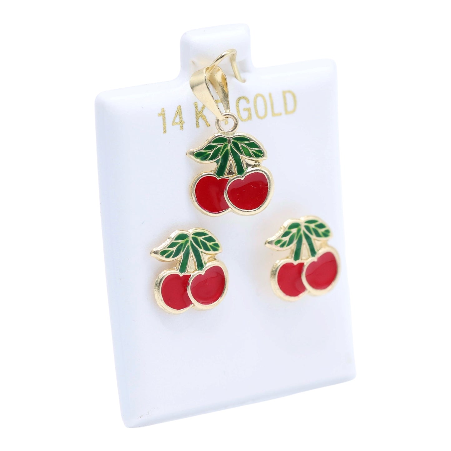 14KT GOLD RED CHERRY DUO 2 PIECE JEWELRY SET - PENDANT AND SCREW ON EARRINGS