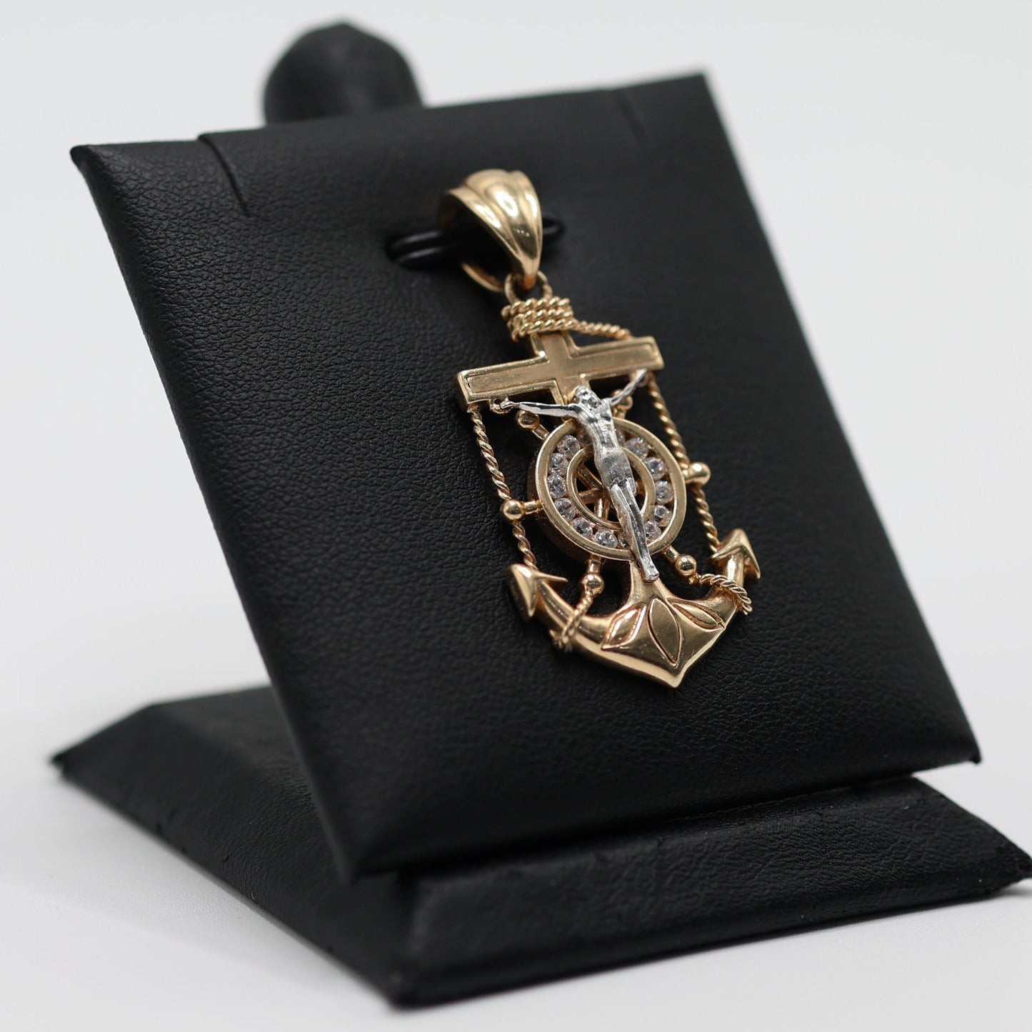 14KT GOLD ANCHOR CROSS PEDANT WITH CRUCIFIX AND ROPE