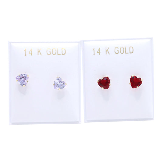 14KT GOLD CUBIC ZIRCONIA HEART EARRINGS - LAVENDER OR RED