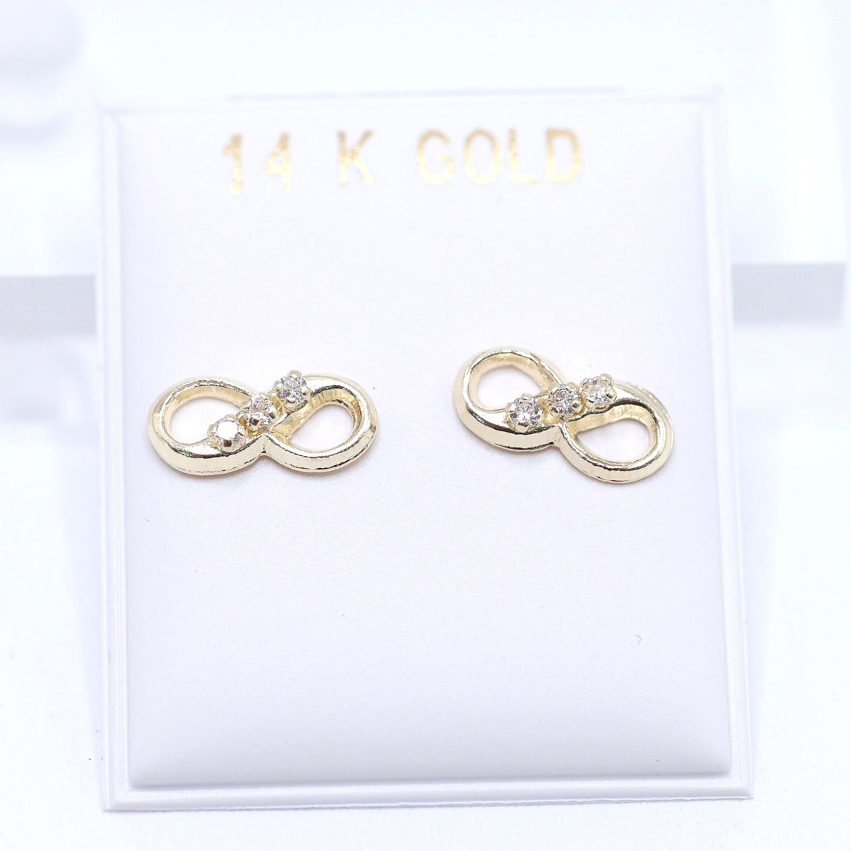 14KT GOLD INFINITY 3 STONE CZ STUD EARRINGS