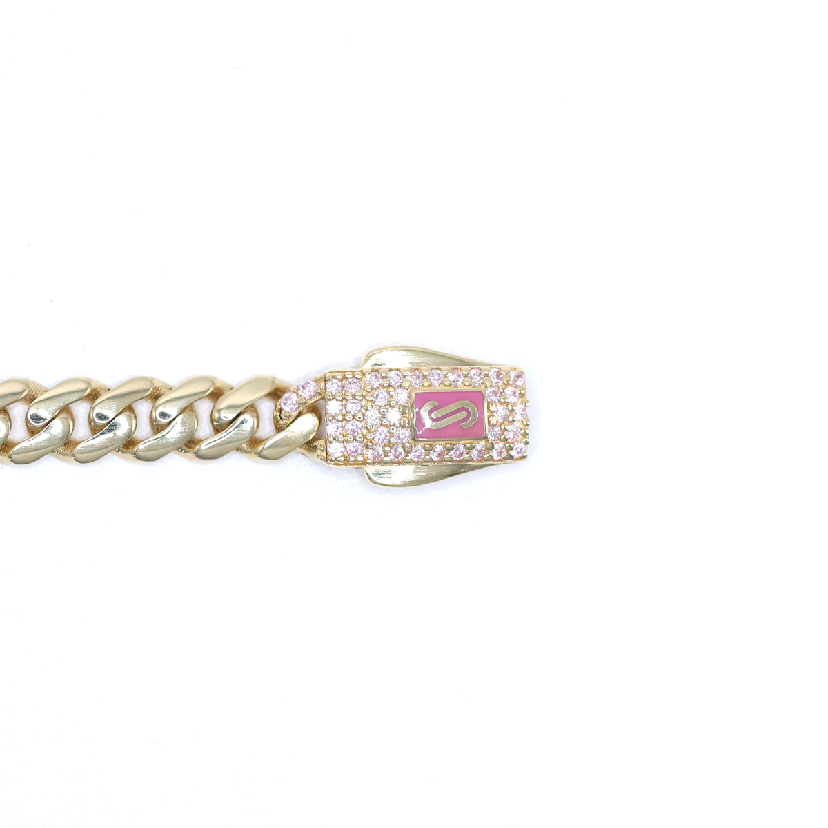 14KT GOLD MONACO CHAIN BABY ID PLAQUE BRACELET - 5MM SIZE 6 PINK PAVE LOCK CERTIFIED