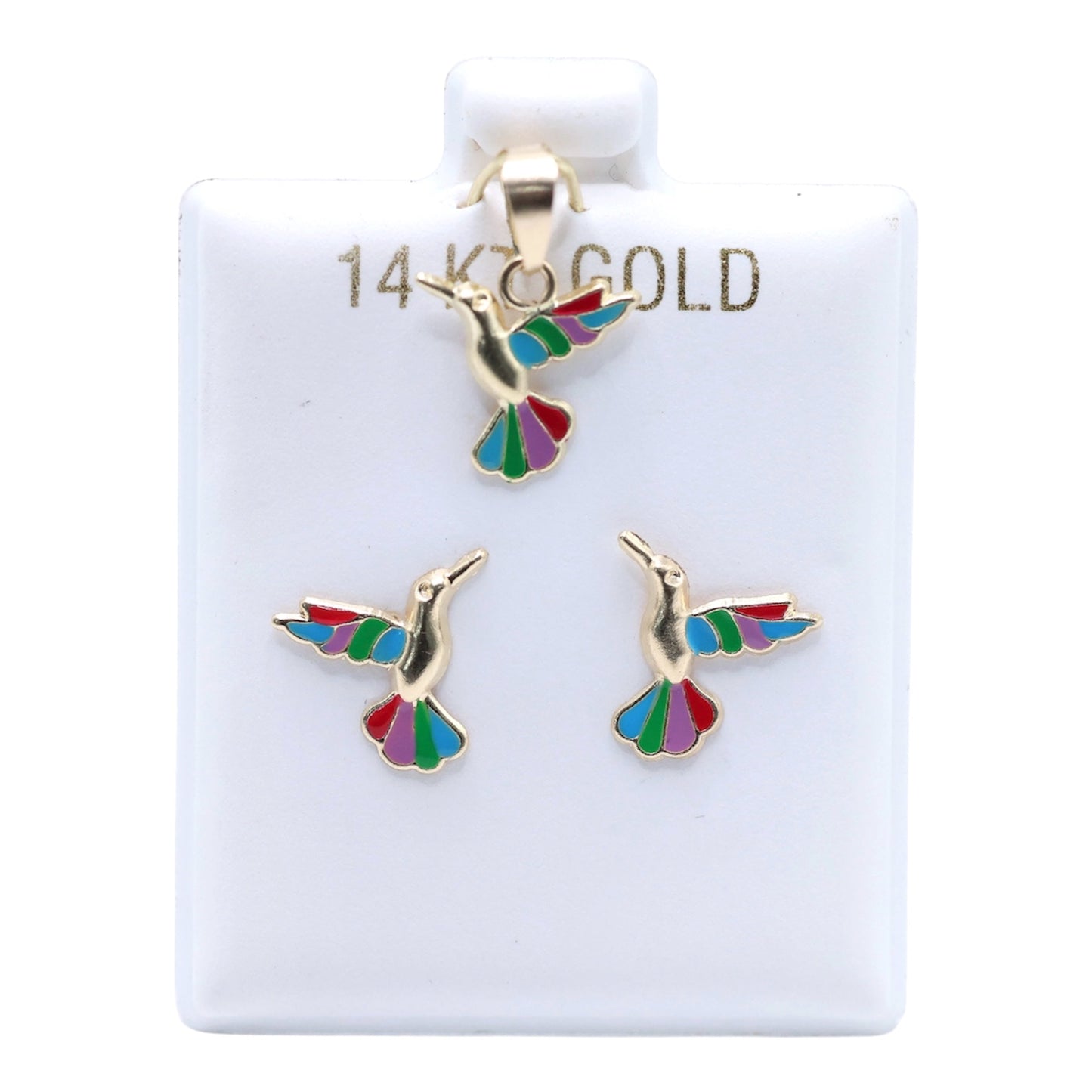 14KT GOLD COLORFUL HUMMING BIRD 2 PIECE JEWELRY SET - PENDANT & EARRINGS