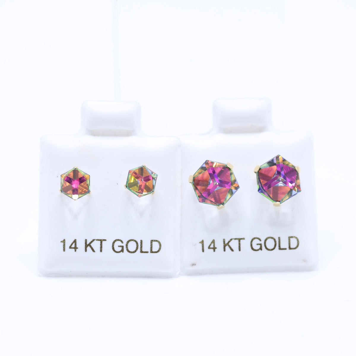 14KT GOLD 3D SQUARE IRIDESCENT SCREW ON BALL EARRING