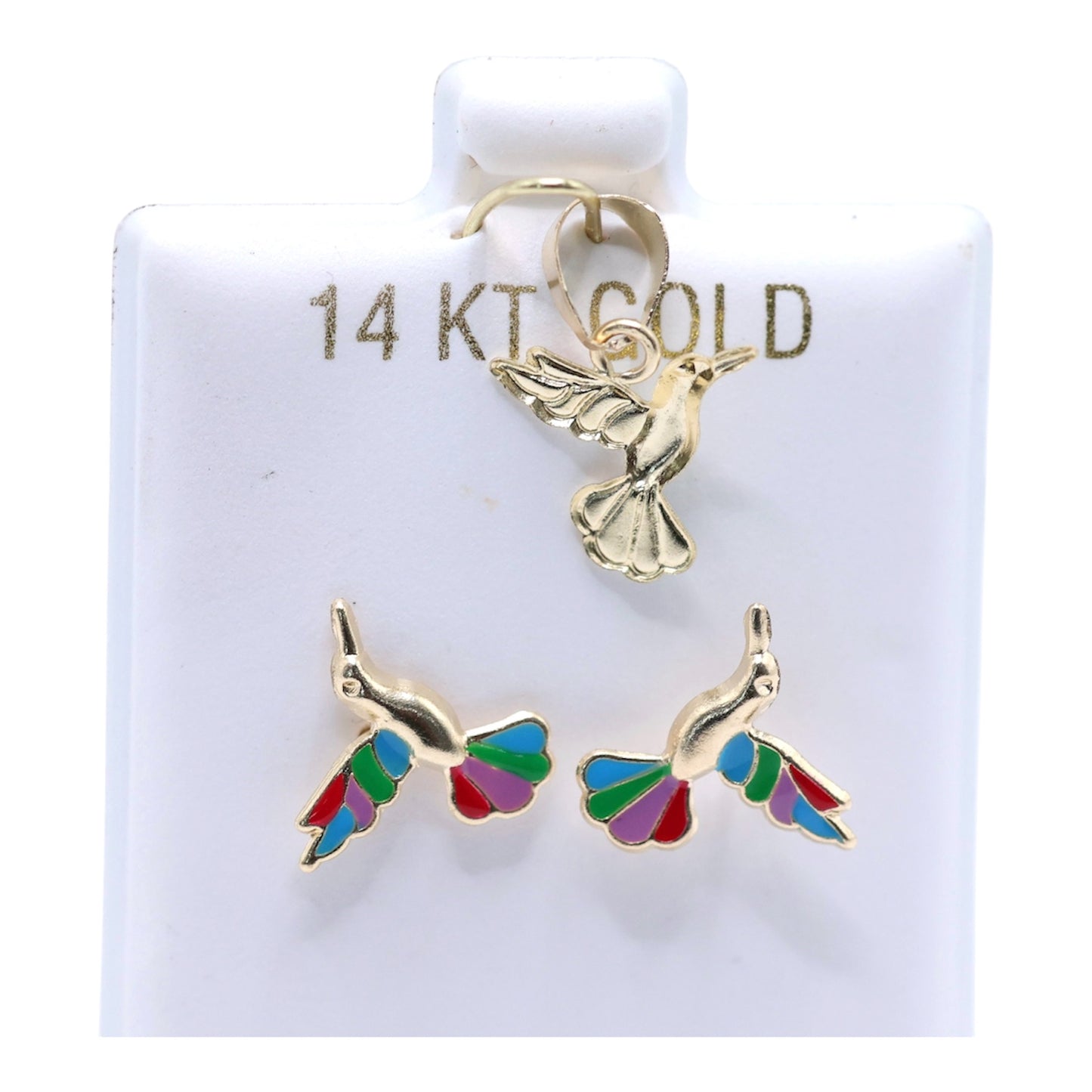 14KT GOLD COLORFUL HUMMING BIRD 2 PIECE JEWELRY SET - PENDANT & EARRINGS