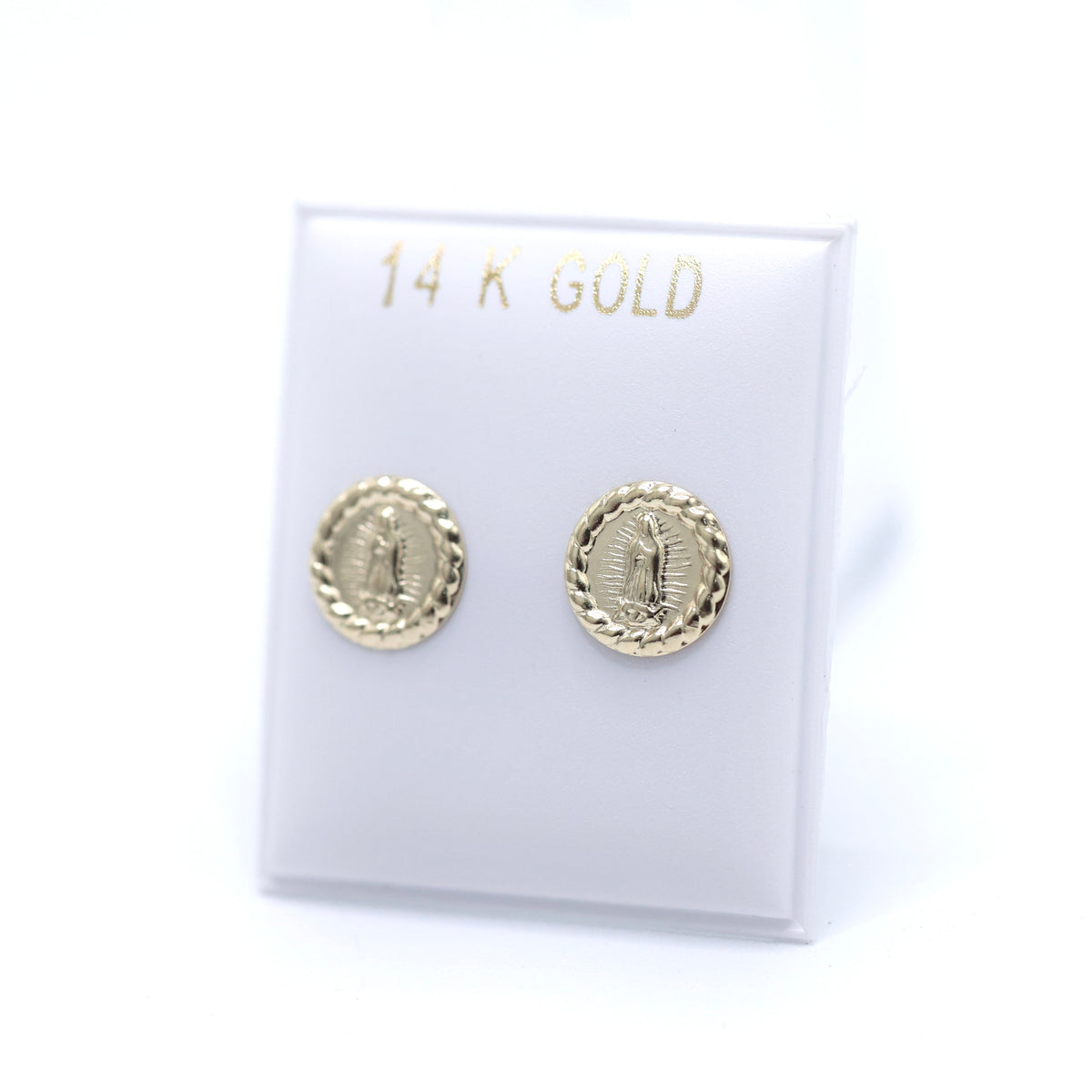 14KT GOLD ROUND VIRGENCITA WITH ROPE BORDER STUD EARRINGS