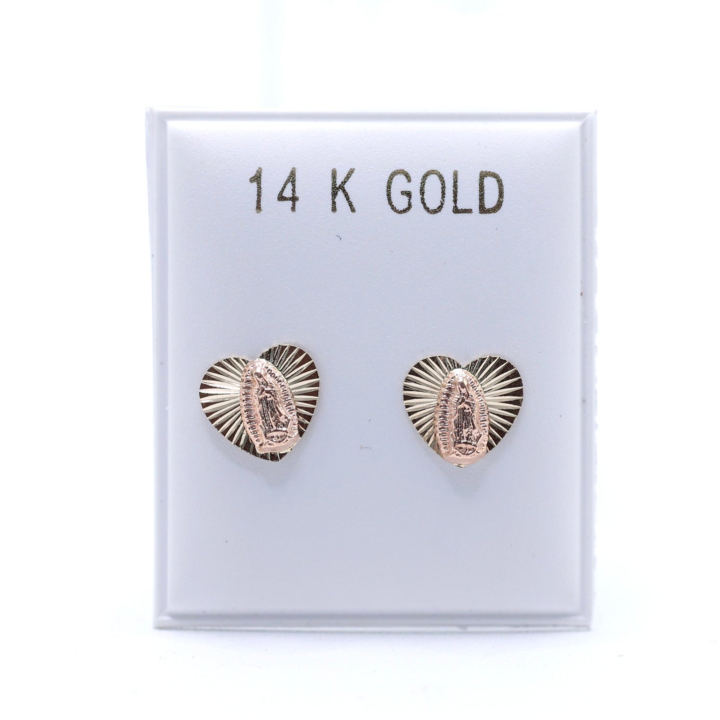 14KT GOLD 2 TONE HEART VIRGEN DE GUADALUPE STUD EARRINGS