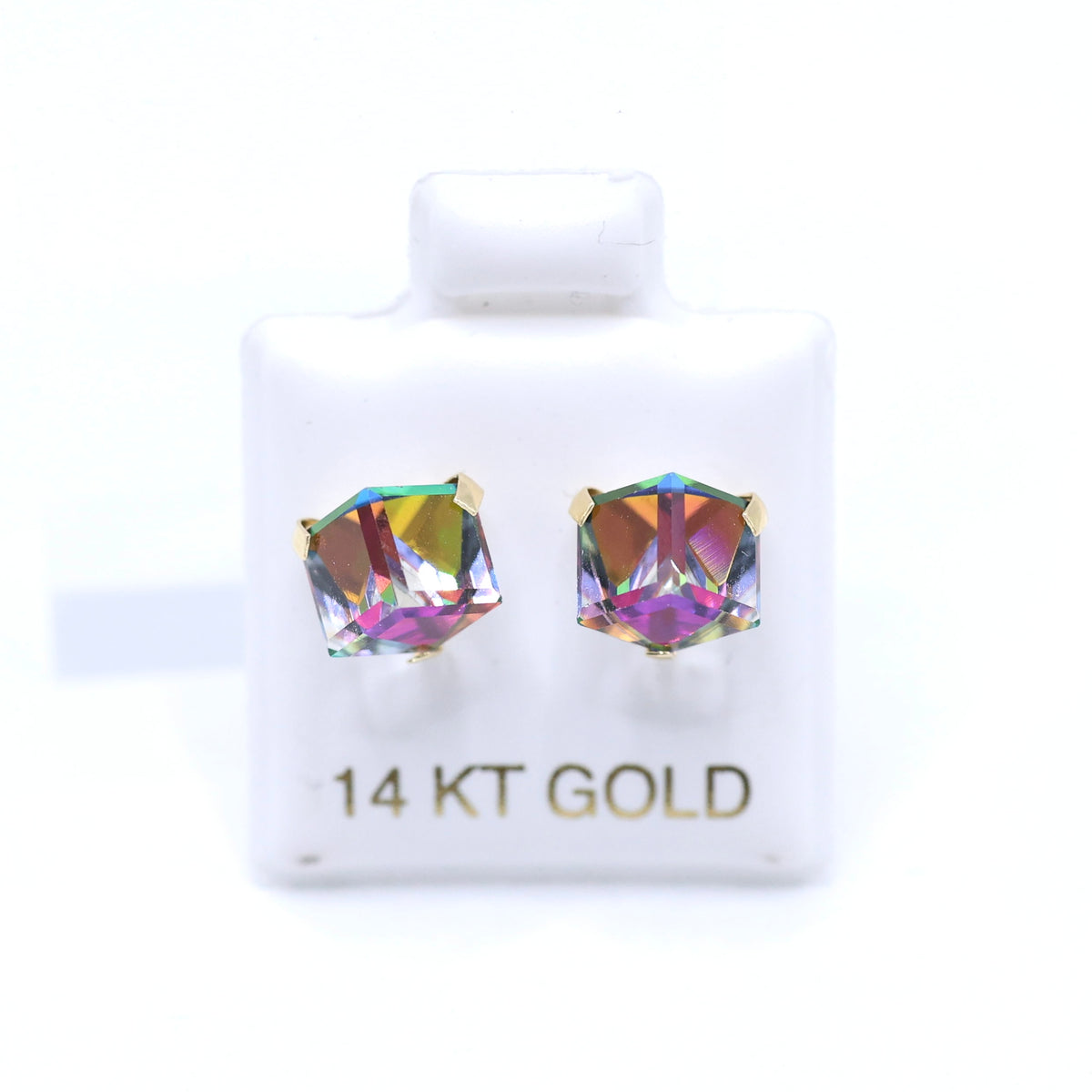 14KT GOLD 3D SQUARE IRIDESCENT SCREW ON BALL EARRING