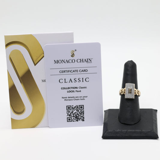 14KT GOLD MONACO CHAIN CLASSIC RING CERTIFIED - PAVE STYLE