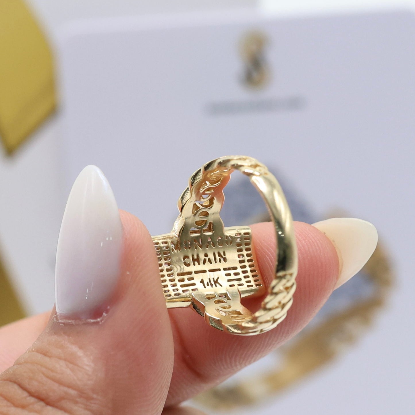 14KT GOLD MONACO CHAIN CLASSIC RING CERTIFIED - PAVE STYLE
