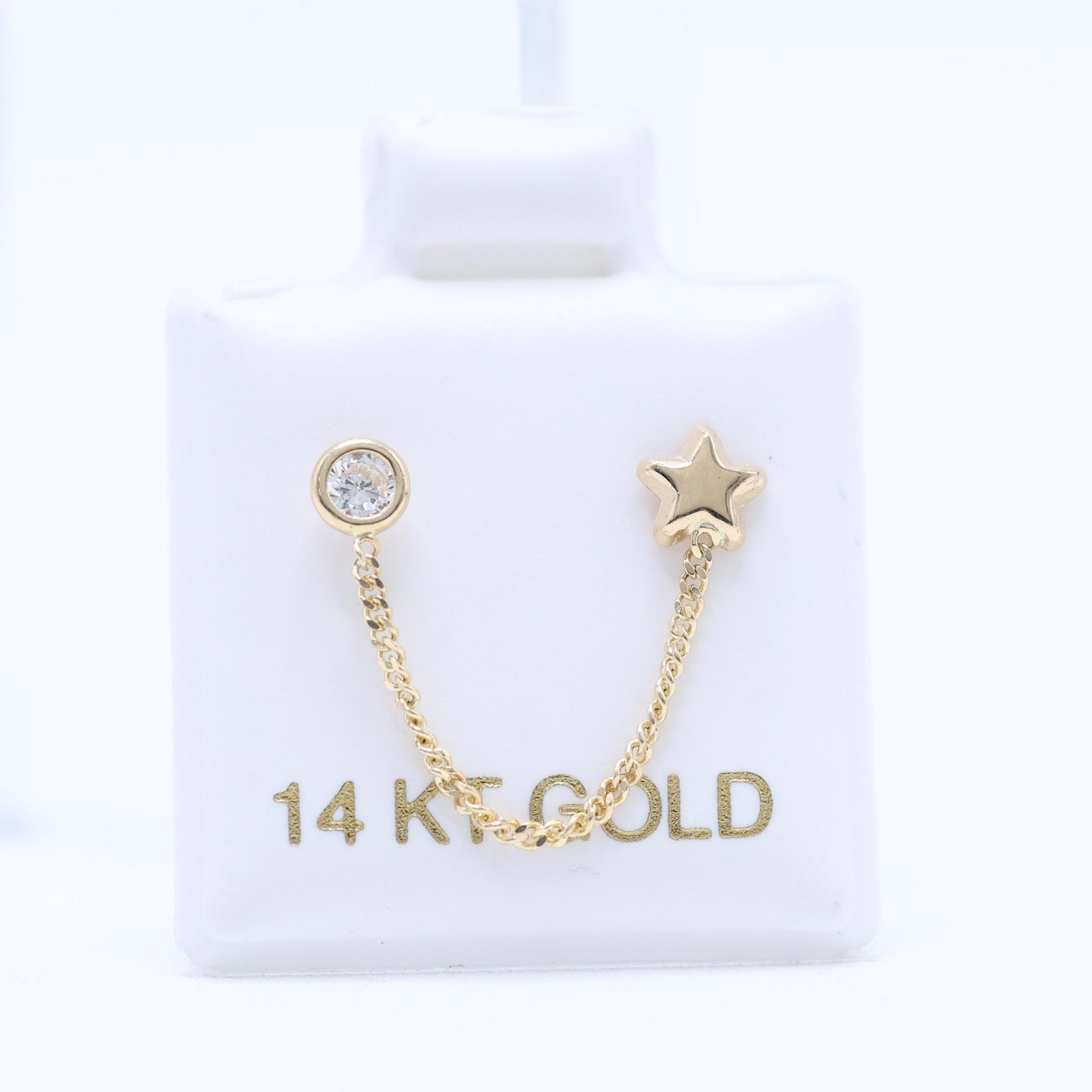 14KT GOLD SINGLE STAR CHAIN EARRING - FOR DOUBLE EAR PIERCING