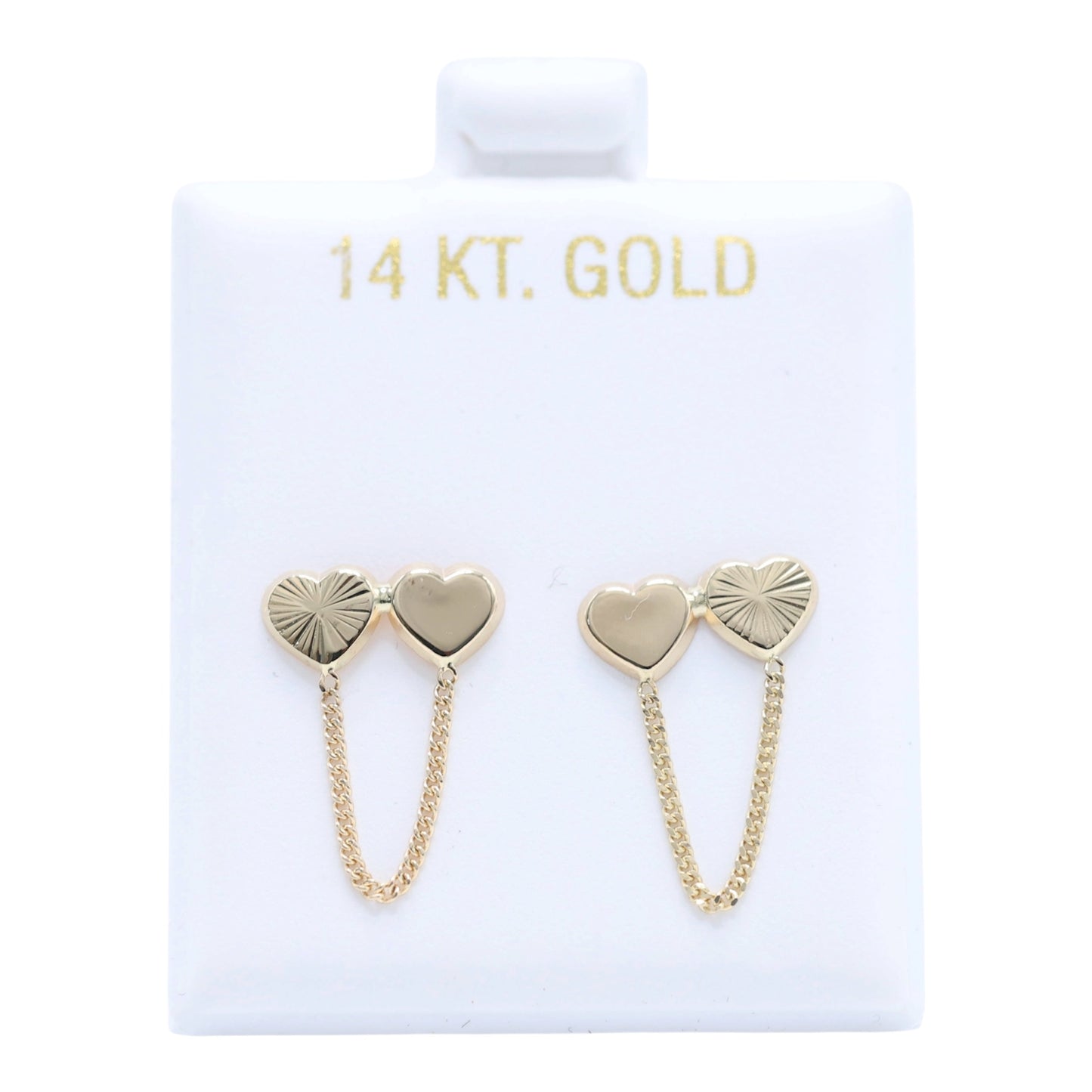14KT GOLD DOUBLE HEART CHAIN EARRINGS - SLEEK & SIMPLE HEART DUO, SCREW ON BALL BACK