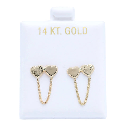 14KT GOLD DOUBLE HEART CHAIN EARRINGS - SLEEK & SIMPLE HEART DUO, SCREW ON BALL BACK