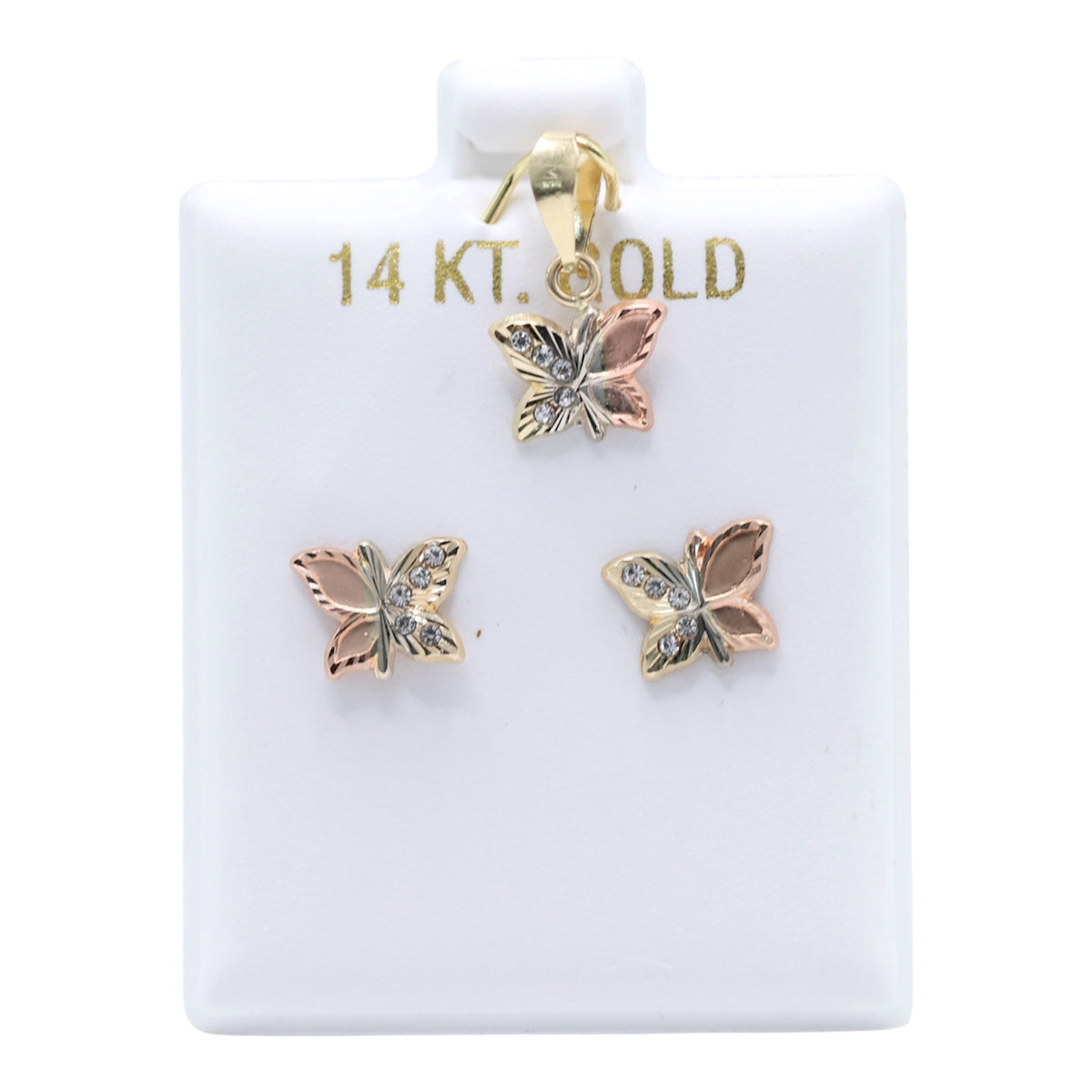 14KT GOLD 3 TONE CZ BUTTERLY 2 PIECE JEWELRY SET - PENDANT & EARRINGS