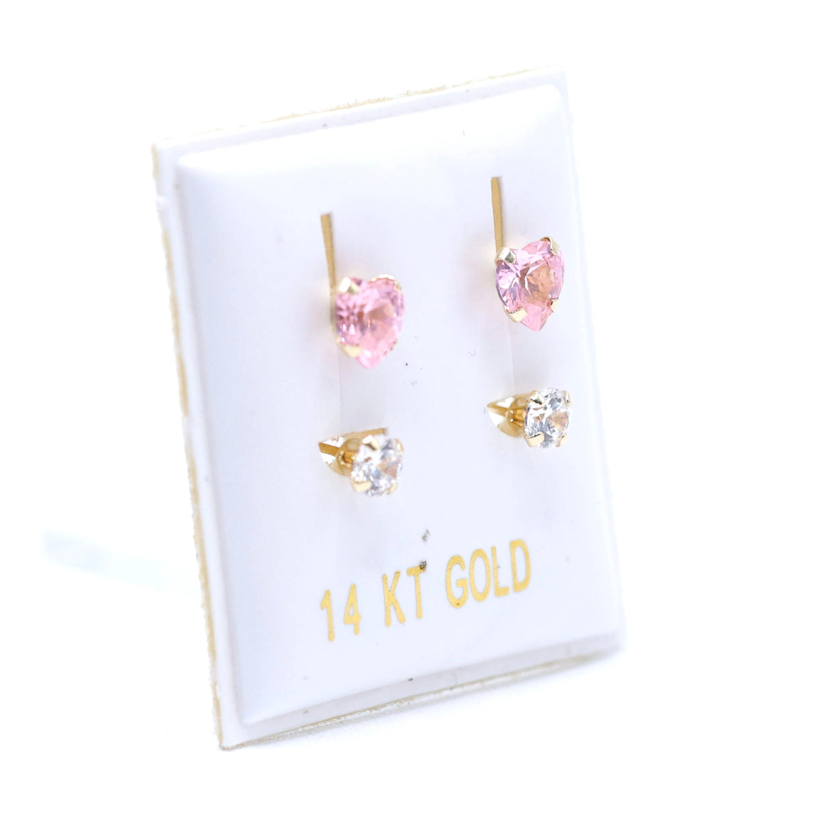 14KT GOLD PINK HEART & ROUND WHITE TELEPHONE EARRINGS