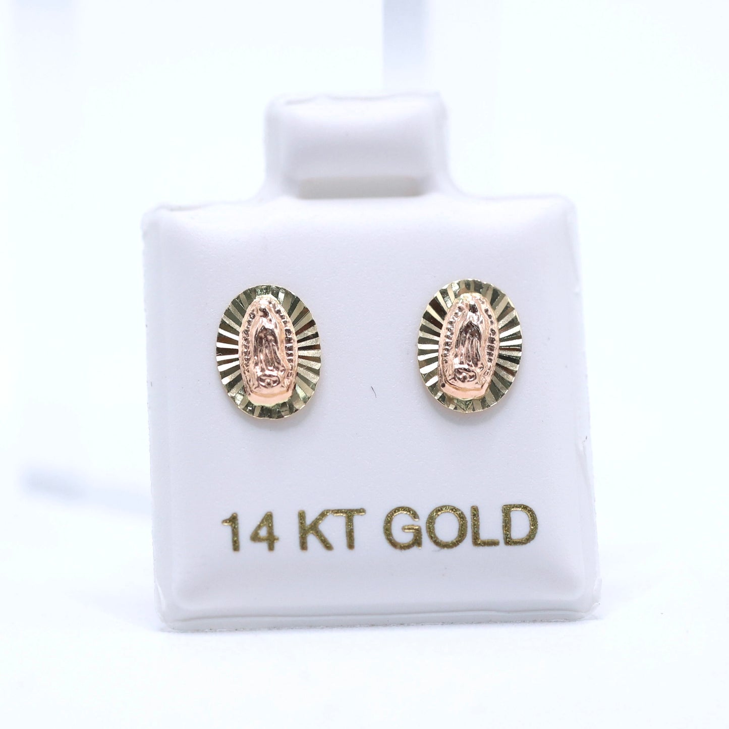 14KT GOLD 2 TONE VIRGEN DE GUADALUPE OVAL STUD BALL EARRINGS
