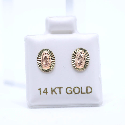 14KT GOLD 2 TONE VIRGEN DE GUADALUPE OVAL STUD BALL EARRINGS